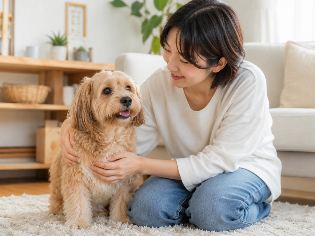犬に寄り添う飼い主の写真