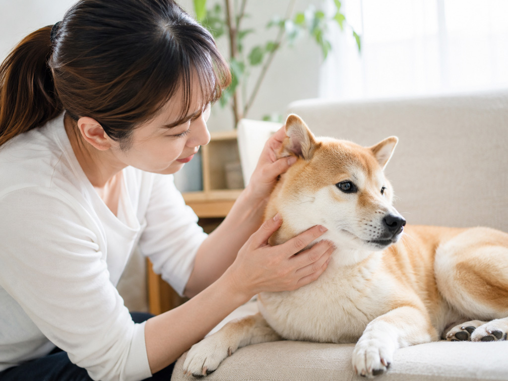 犬に寄り添う飼い主の写真