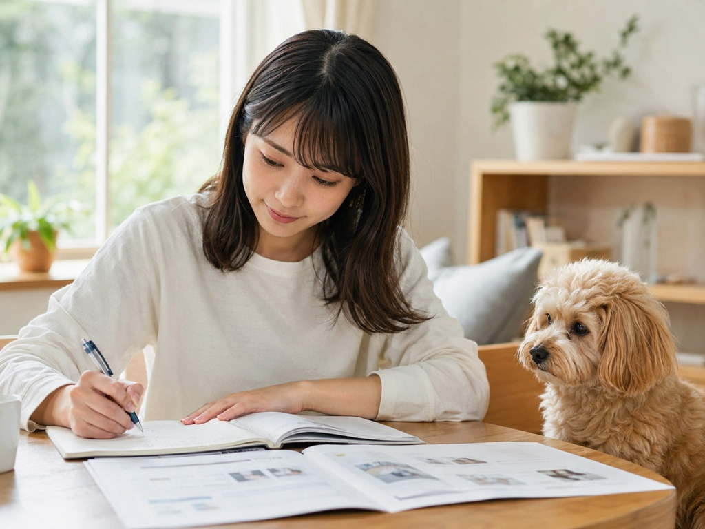 資格の勉強をしている犬の飼い主